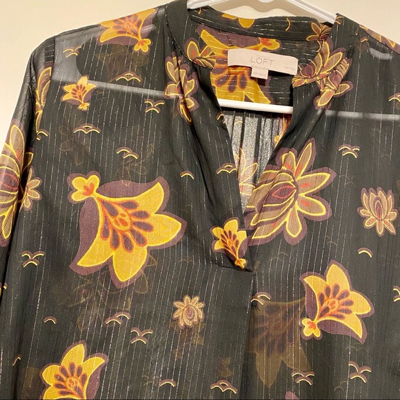 Ann Taylor Loft Floral Metallic Shimmer Popover Blouse - Picture 2 of 10
